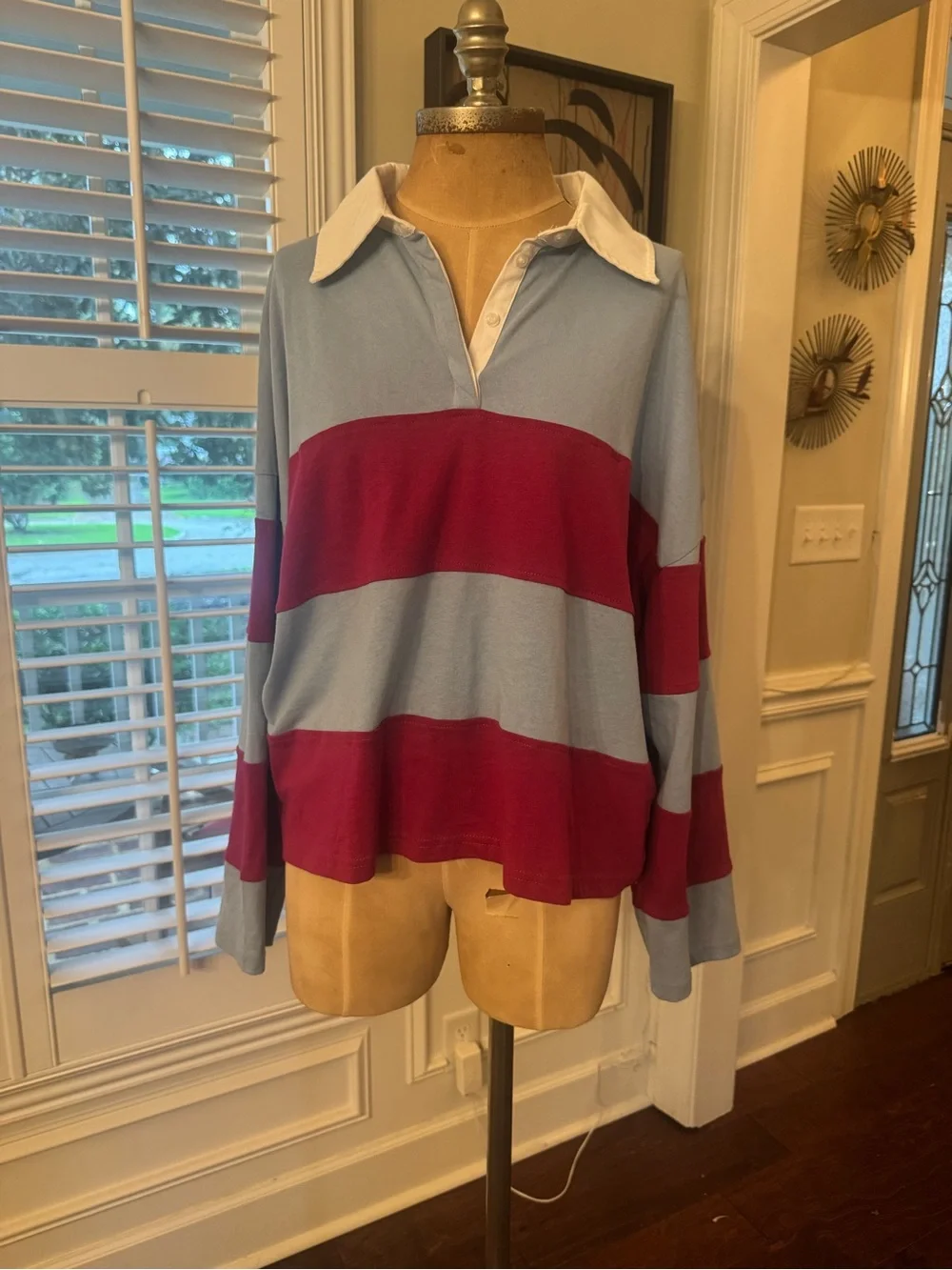 Anthropologie Light Blue and Burgundy Striped Rugby Sweater with White Collar
